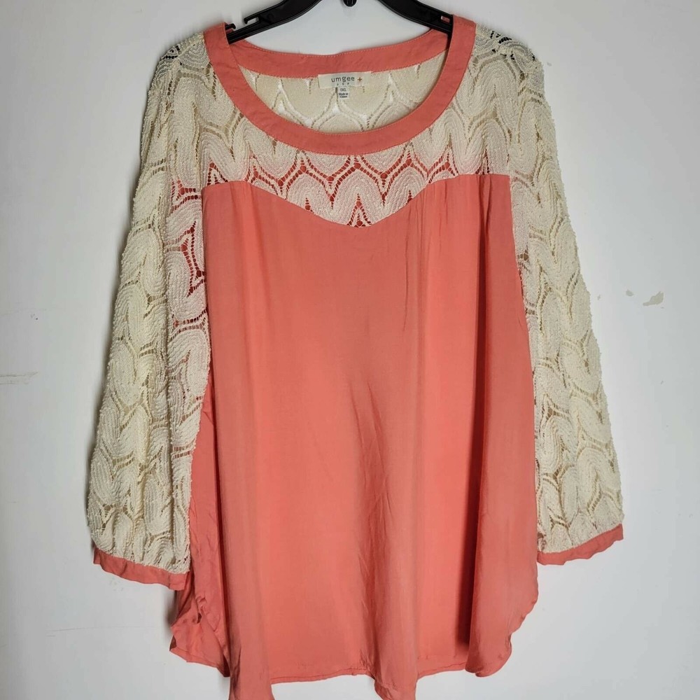 Umgee Womens Blouse Orange White Long Sleeve Scoop Neck Lace Plus 1XL